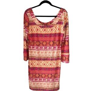 Tori Richard Pink, Cream & Orange Geometric Long Sleeve Shift